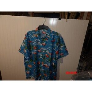 SSLR Mens XL Blue Pink Flamingos and Palms Short Sleeve Button Hawaiian Shirt